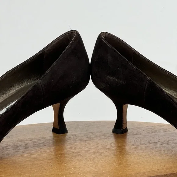 Womens Manolo Blahnik Vintage Brown Suede Pointed Kitten Heels Pumps Size 36.5